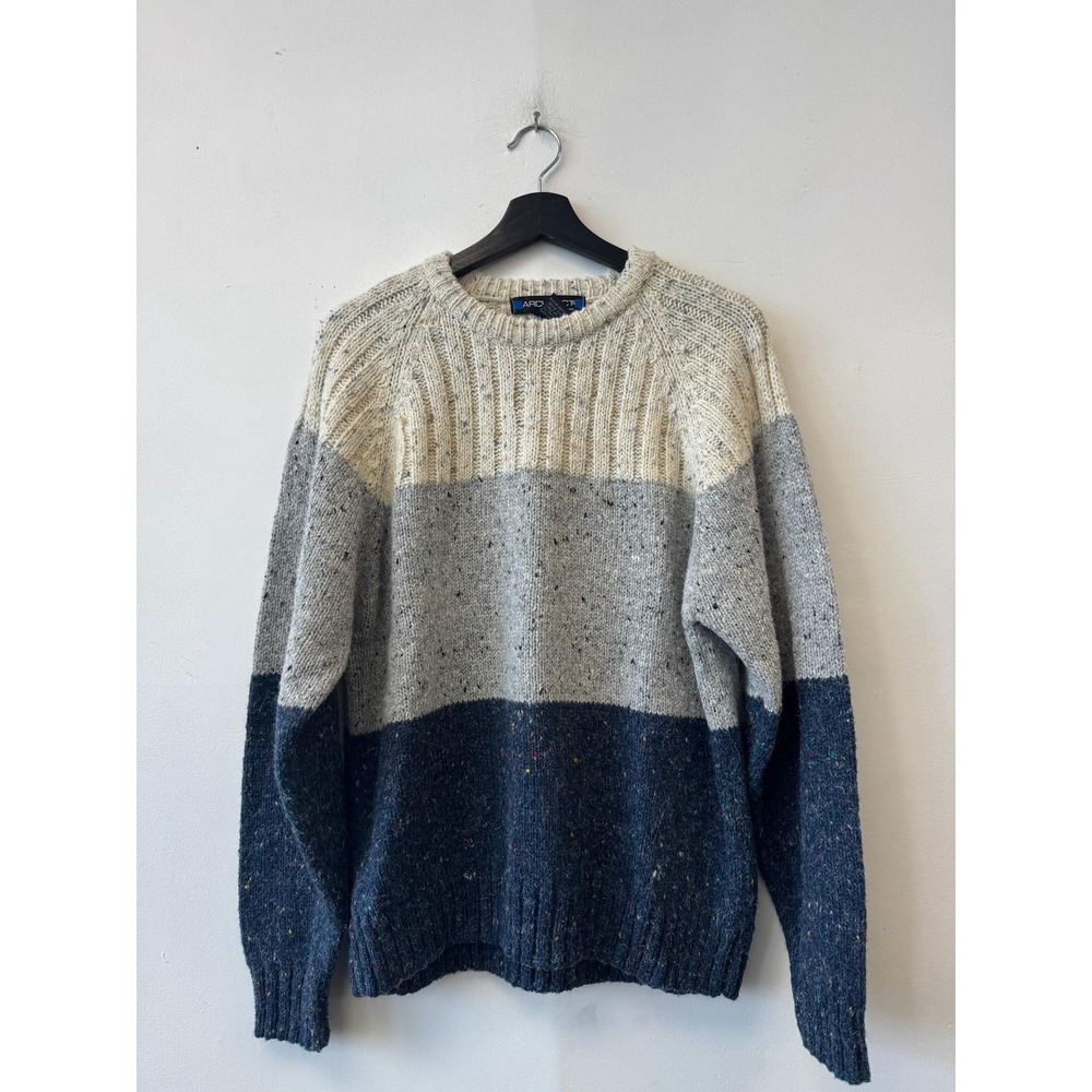 Vintage Architect Sweater Mens Medium Cream Gray Navy Colorblock Chunky Pullover